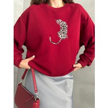 Leopar Baskılı Sweat Bordo