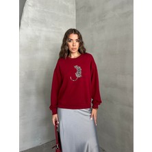 Leopar Baskılı Sweat Bordo