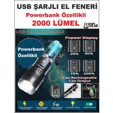 Ultra Güçlü Powerbank Özellikli 2000 Lümel El Feneri Zoom Özellik Şarj Gösterge Hızlı Dolum Deprem