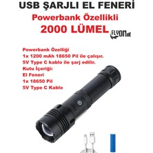 Ultra Güçlü Powerbank Özellikli 2000 Lümel El Feneri Zoom Özellik Şarj Gösterge Hızlı Dolum Deprem