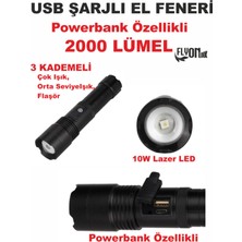 Ultra Güçlü Powerbank Özellikli 2000 Lümel El Feneri Zoom Özellik Şarj Gösterge Hızlı Dolum Deprem