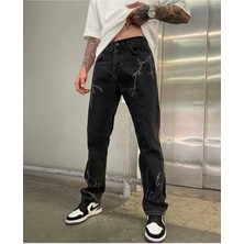 Baggy Şimşek/yıldırım Desenli Jeans Kot Pantolon Koyu Gri Oversize Salaş Sokak Stili Denim