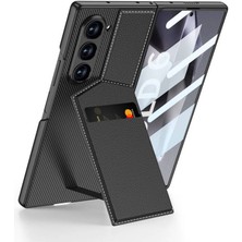 Techno Guru Samsung Galaxy Z Fold 6 Kılıf Karbon Fiber Deri Kartlıklı Polaris Dik Açılan Kartlıklı Kapak