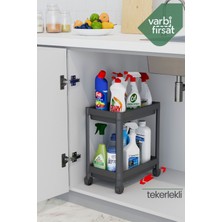 VarBiFırsat 2 Katlı Tekerlekli Düzenleyici Mutfak Rafı Modern Tasarım Siyah Plastik Malzeme