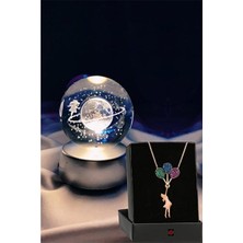 Keyfim Shop Kişiye Özel Satürn Işıklı Cam Küre 8cm*6cm Uçan Balonlu Kız Kolye
