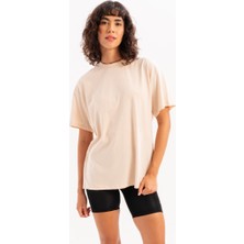 Justever 100% Pamuk Oversize Fit Bisiklet Yaka Bej Kadın T-Shirt - Halo