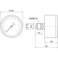 Pakkens 0-10 Bar 50 mm Arkadan Bağlantılı Kuru Manometre G 1/8 Inç