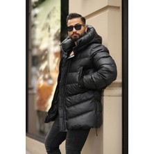 Rhones Kapüşonlu Yan Fermuar Detaylı Erkek Kışlık Deri Mont