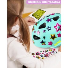 Sportaj Turkuaz Çocuk Kaskı Yıldızlar ve Harfler Stickerlı Spor Koruyucu Kask Lila Dizlik Dirseklik Seti