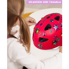 Sportaj Pembe Çocuk Kaskı Yıldızlar ve Harfler Stickerlı Spor Koruyucu Kask Pembe Dizlik Dirseklik Seti