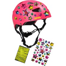 Sportaj Pembe Çocuk Kaskı Yıldızlar ve Harfler Stickerlı Spor Koruyucu Kask Pembe Dizlik Dirseklik Seti