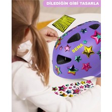 Sportaj Lila Çocuk Kaskı Spor Yıldızlar ve Harfler Stickerlı Koruyucu Kask Pembe Dizlik Dirseklik Seti