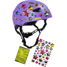 Sportaj Lila Çocuk Kaskı Spor Yıldızlar ve Harfler Stickerlı Koruyucu Kask Pembe Dizlik Dirseklik Seti