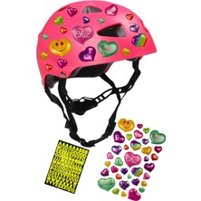 Sportaj Pembe Çocuk Kaskı Kalpler ve Harfler Stickerlı Spor Koruyucu Kask Pembe Dizlik Dirseklik Seti