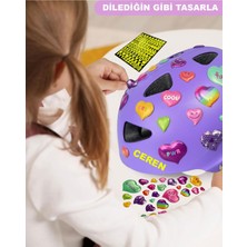 Sportaj Lila Çocuk Kaskı Spor Kalpler ve Harfler Stickerlı Koruyucu Kask Lila Dizlik Dirseklik Seti