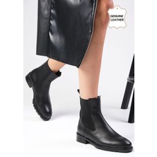 Mio Gusto Arlo Hakiki Deri Oval Burun Siyah Renk Kadın Lastikli Düz Bot