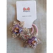 Efna Store Simli Kar Tanesi Üzeri Disney Prenses Baskılı Kalp Figürlü Çiftli Çocuk Lastik Toka