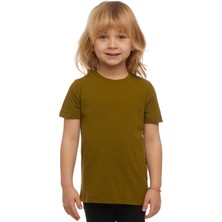 Zeytin Yeşili Basic Unisex Çocuk Sıfır Yaka Kısa Kollu Tişört