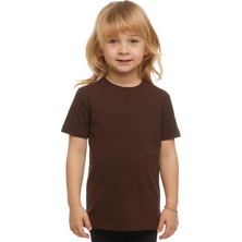 Kahverengi Basic Unisex Çocuk Sıfır Yaka Kısa Kollu Tişört