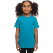 Koyu Turkuaz Basic Unisex Çocuk Sıfır Yaka Kısa Kollu Tişört