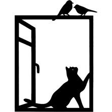 İglii Kedi Ve Kuş Siyah Metal Tablo, Ev Ofis Tablosu