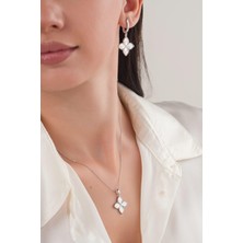 TMT Silver Gümüş Yonca Lazer Kalem Işlemeli Kolye Küpe Set