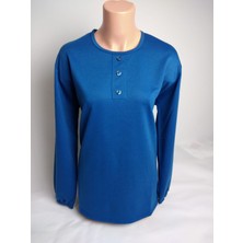 Yaşar Triko Kadın Indigo Bisiklet Yaka Patlı Uzun Kollu Lastikli Yırtmaç Yanı Süs Düğme Iki Iplik Bluz