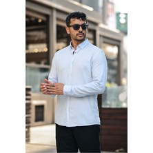 Erkek Beyaz Slim Fit Dar Kesim Düğmeli Yaka Keten Görünümlü %100 Pamuk Flamlı Gömlek