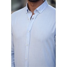 Erkek Beyaz Slim Fit Dar Kesim Düğmeli Yaka Keten Görünümlü %100 Pamuk Flamlı Gömlek