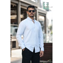 Erkek Beyaz Slim Fit Dar Kesim Düğmeli Yaka Keten Görünümlü %100 Pamuk Flamlı Gömlek