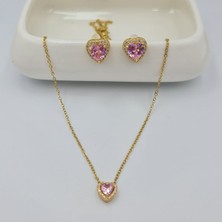 SE Jewellery Çelik Pembe Taşlı Kalp Mini Kadın Set