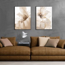 Harikabirev Krem-Beyaz Çiçekler Kombini 2|Çerçeveli Cam Tablo 2li Dikey