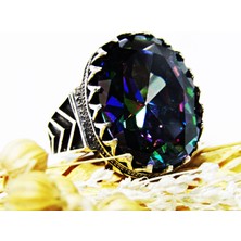 Lilahgümüştr Gümüş Oval Büyük Mistik Topaz Taşlı Otantik Erkek Yüzük