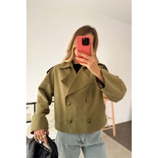 Olive Kruvaze Düğmeli Crop Trençkot