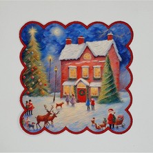 Deco Yağlı Boya Yılbaşı Evi ve Geyik Desenli Kenarı Nakışlı Kokteyl Peçetesi