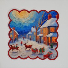 Deco Yağlı Boya Yılbaşı Kasaba Manzara Desenli Kenarı Nakışlı Kokteyl Peçetesi