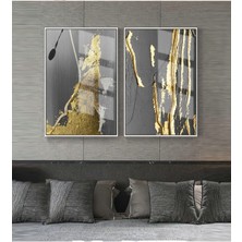 Harikabirev Gri-Gold Kombini Soyut Şekiler 1 |Çerçeveli Cam Tablo 2li Dikey