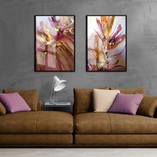 Harikabirev Soyut Şekiller Mor-Pembe-Gold |Çerçeveli Cam Tablo 2li Dikey