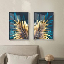 Harikabirev |Mavi Gold Kombini Gold Detaylı Yapraklar |Çerçeveli Temperli Cam Tablo 2li Dikey