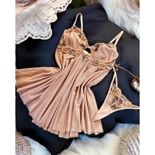 Balenli Vizon Renk Babydoll Gecelik Tanga Set
