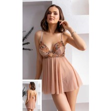 Balenli Vizon Renk Babydoll Gecelik Tanga Set
