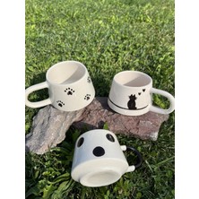 Inspire Ceramic El Yapımı Seramik Kedili Puantiyeli Seramik Kupa Seti 3'lü Kahve Kupası Takımı 225 ml