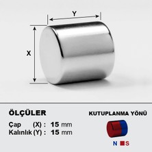 NeoHobi Neodyum Mıknatıs Çap 15 mm Kalınlık 15 mm 15x15 mm Çok Güçlü Yuvarlak Mıknatıs 2'li