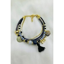 Petek Aksesuar Etnik Bohem Çoklu Bileklik Doğaltaş Gri Mor