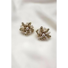 Petek Aksesuar Incili Metalize Boncuk Sarmal Tasarım Düğme Küpe