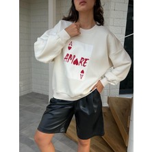 Minaaise Kadın Ekru Baskılı Şardonlu 3 Iplik Pamuk Sweatshirt 28059