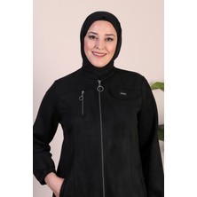 FERACE Kadin Buyuk Beden Tesettur Süet Kap Pardesü Boydan Göğsü Fermuarlı Uzun Tesettur Süet Pardesu