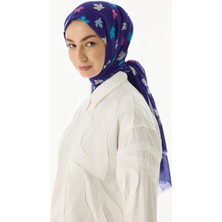 Zeta Yaprak Desen Saks Mavi Pamuklu Şal