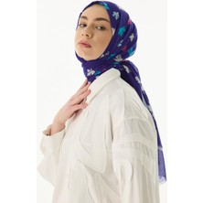 Zeta Yaprak Desen Saks Mavi Pamuklu Şal