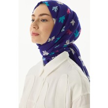 Zeta Yaprak Desen Saks Mavi Pamuklu Şal